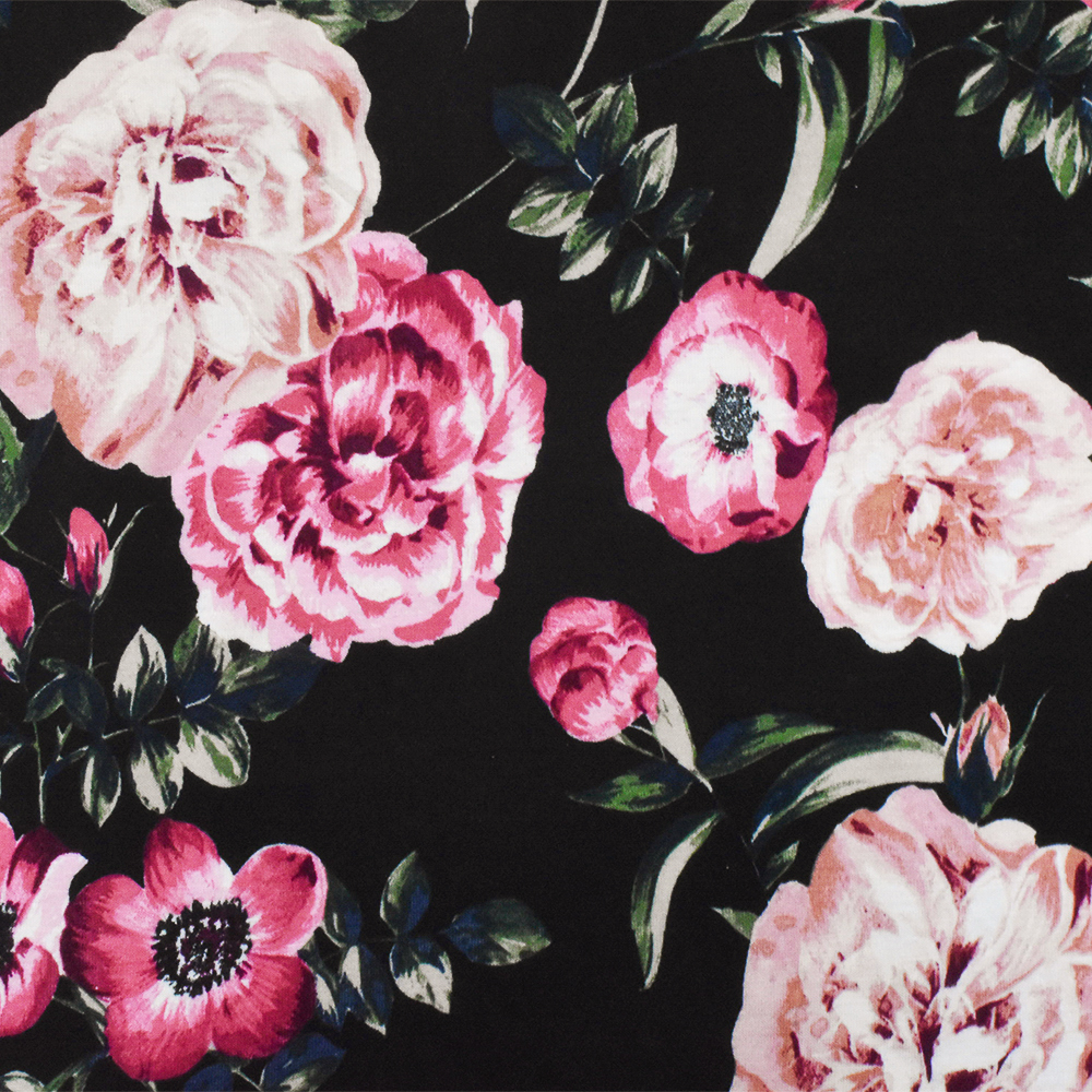 Black-Green-Multi Floral Printed Stretch Cotton Spandex Jersey Knit Fabric