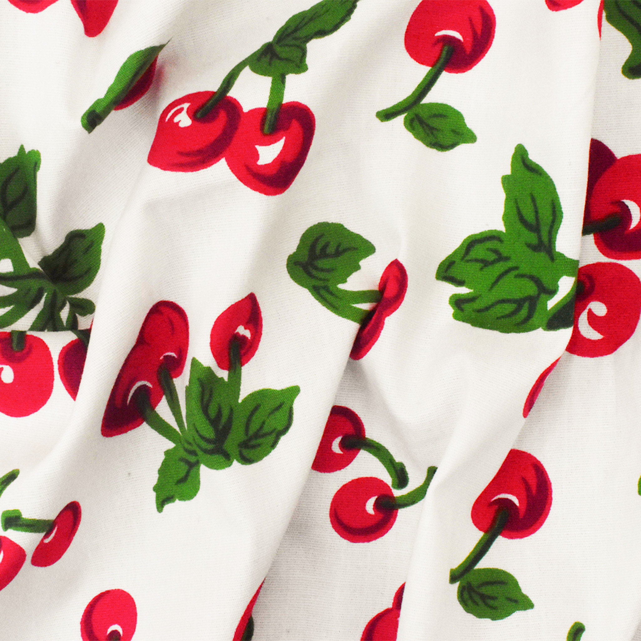 2 YD PC-White-Red-Green Cherry Print Stretch Cotton Spandex Broadcloth Woven Fabric