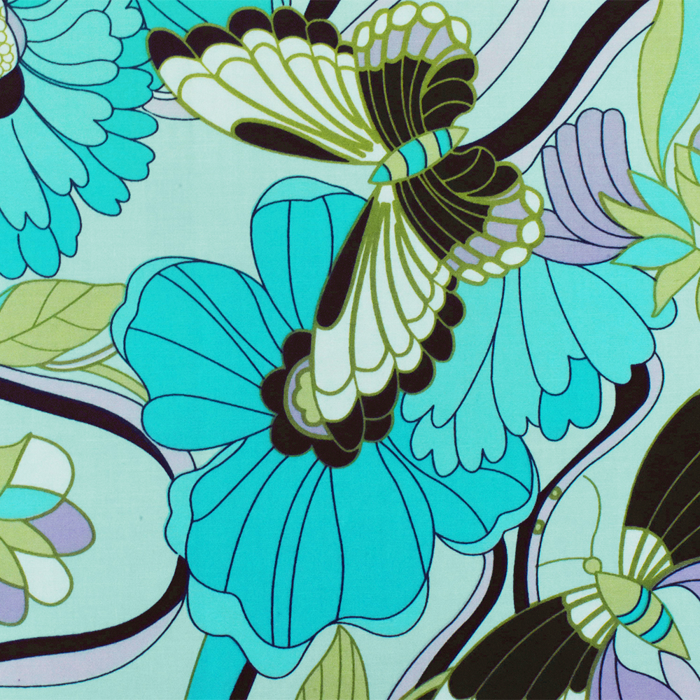Teal-Multi Floral And Butterfly Print Stretch Cotton Spandex Poplin Fabric