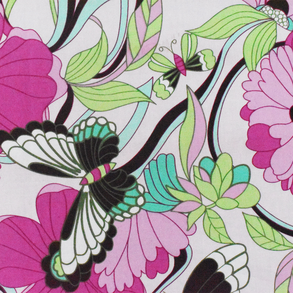 Pink-Multi Floral And Butterfly Print Stretch Cotton Spandex Poplin Fabric
