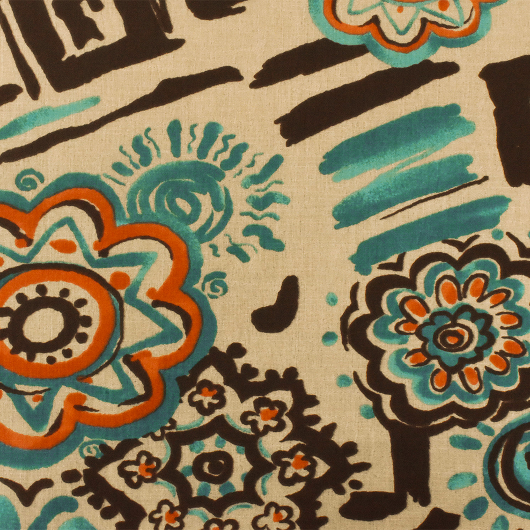 Beige-Teal-Multi Aztec And Floral Printed Cotton Gauze Woven Fabric