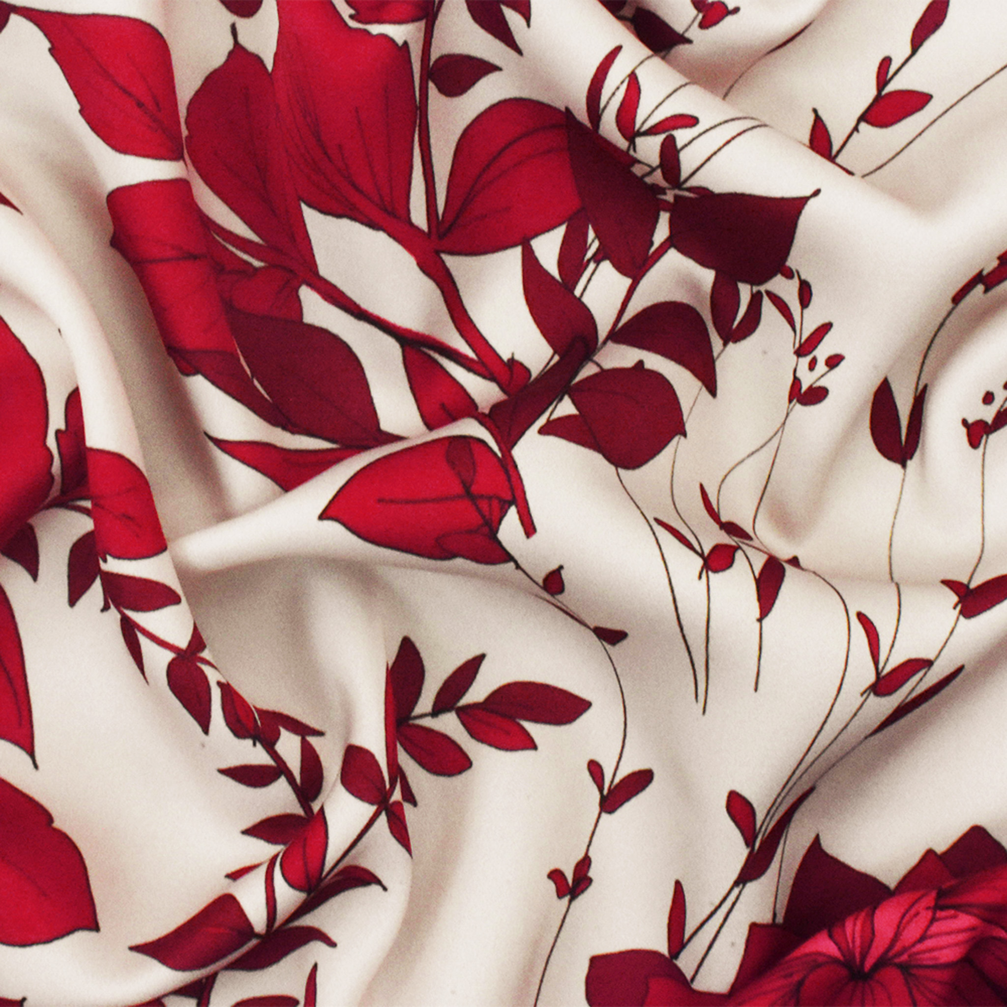 Red-Beige Famous Designer Floral Printed Poly Charmeuse Fabric