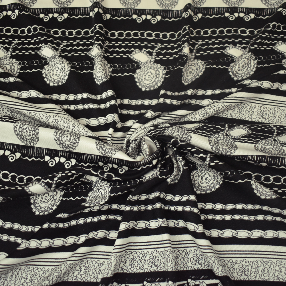 Black-Off White Striped Abstract Chain Floral Print Silk Jersey Knit Fabric