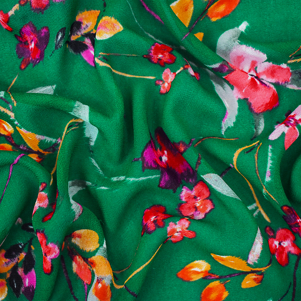 Green-Pink-Multi Floral Printed Pebble Chiffon Woven Fabric
