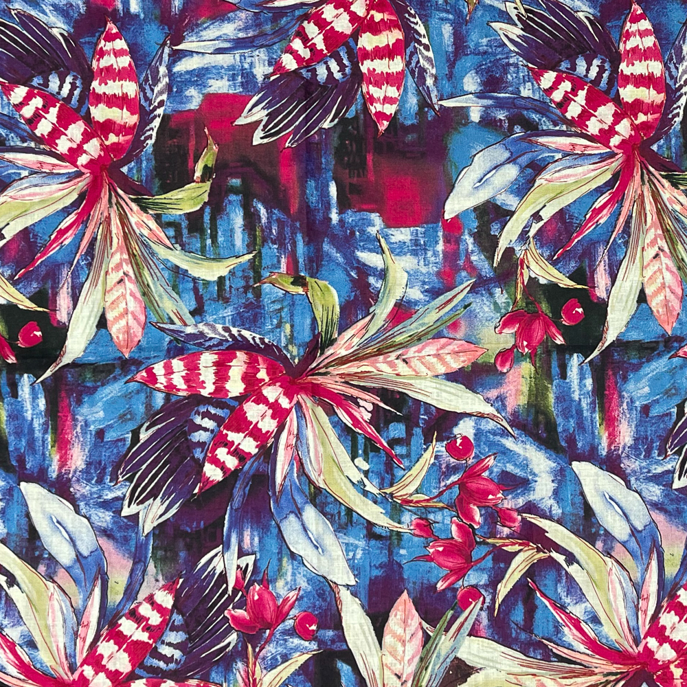 Purple-Fuchsia-Multi Tropical Leaf and Floral Art Print Linen Woven Fabric