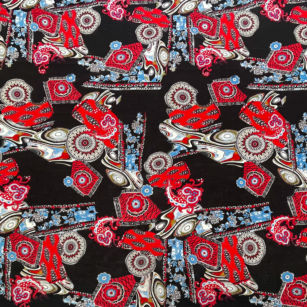 Black-Red-Blue Abstract Tribal Pattern Printed Linen Woven Fabric