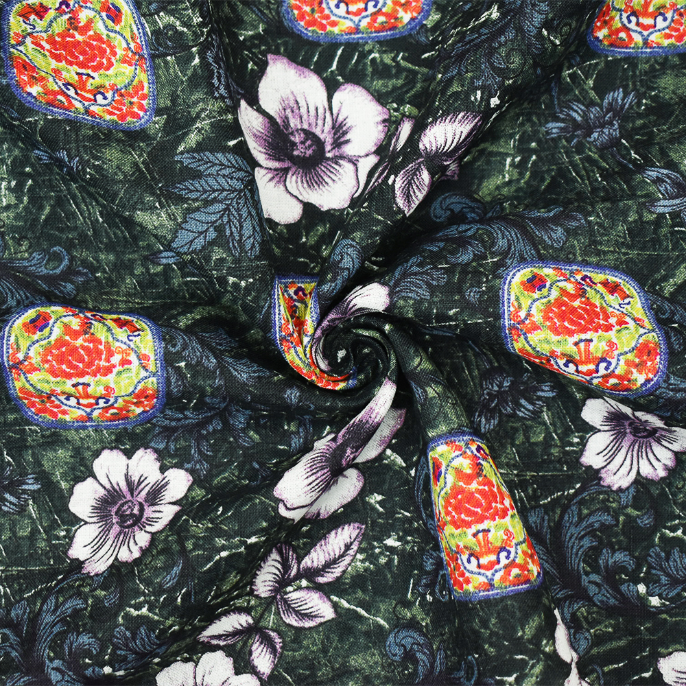 Navy-Purple-Multi Floral and Tile Pattern Printed Linen Woven Fabric