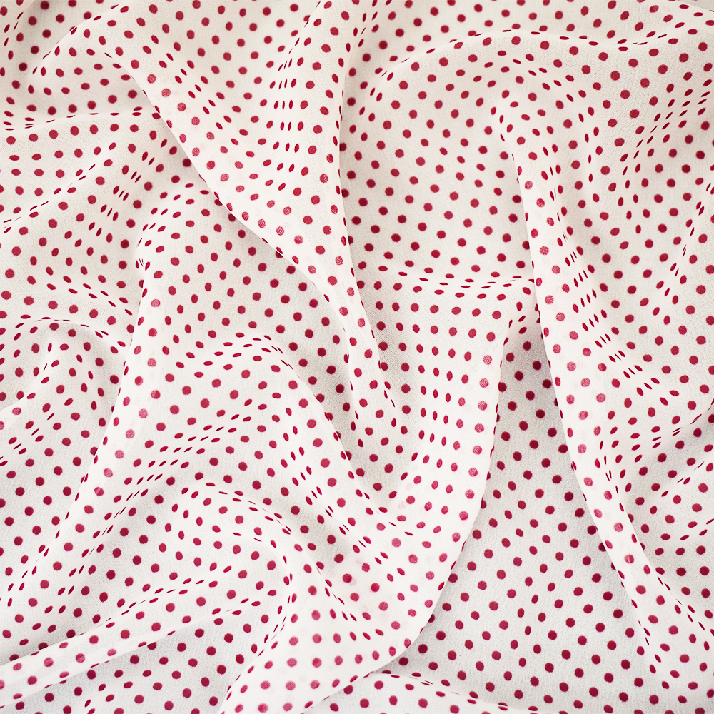 White-Red Polka Dots Printed Poly Chiffon Woven Fabric