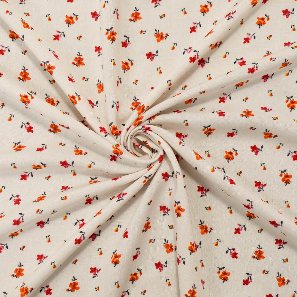 White-Orange-Multi Rayon Ditsy Floral Printed Challis Woven Fabric