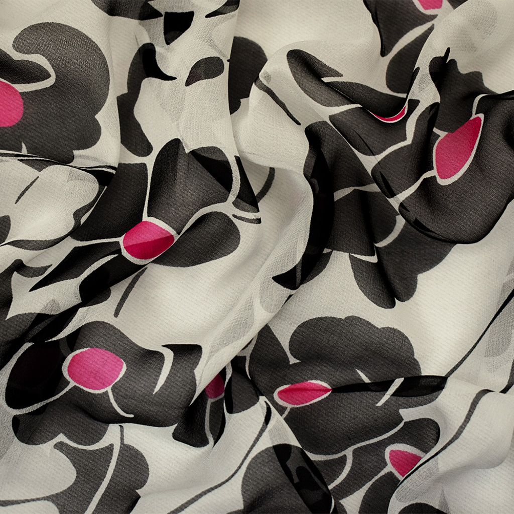 Black-White-Pink Silk Floral Printed Chiffon Woven Fabric