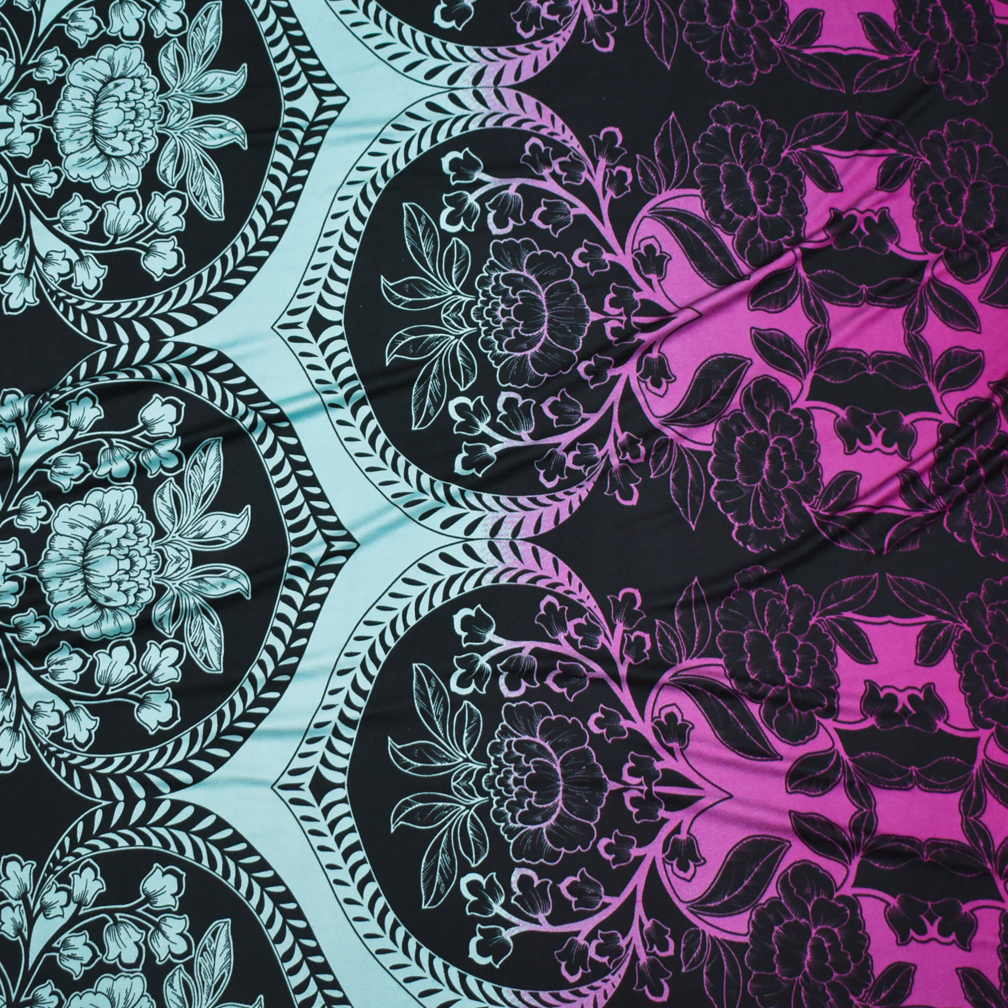 Black-Blue-Purple Floral Ombre Printed Silk Jersey Knit Fabric