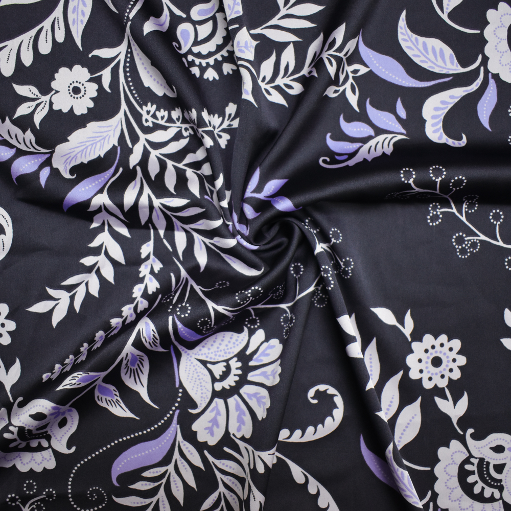 Deep Navy-Purple-Multi Polyester Floral Printed Charmeuse Woven Fabric