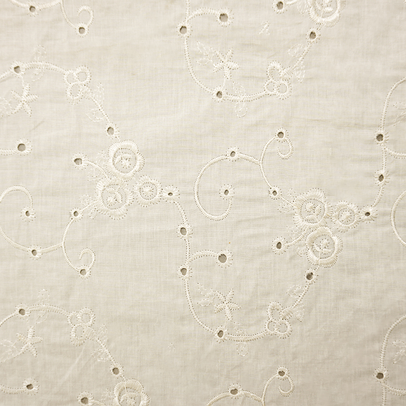 White Cotton Floral Vine Embroidered Eyelet Voile Woven Fabric