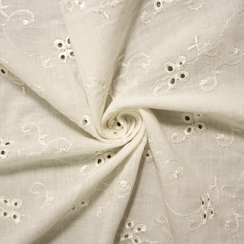 White Cotton Floral Vine Embroidered Eyelet Voile Woven Fabric