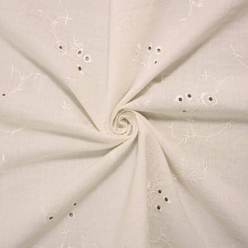 White Cotton Floral Vine Embroidered Eyelet Voile Woven Fabric