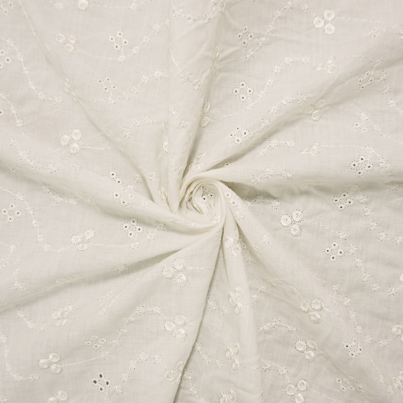 White Cotton Floral Vine Embroidered Eyelet Voile Woven Fabric