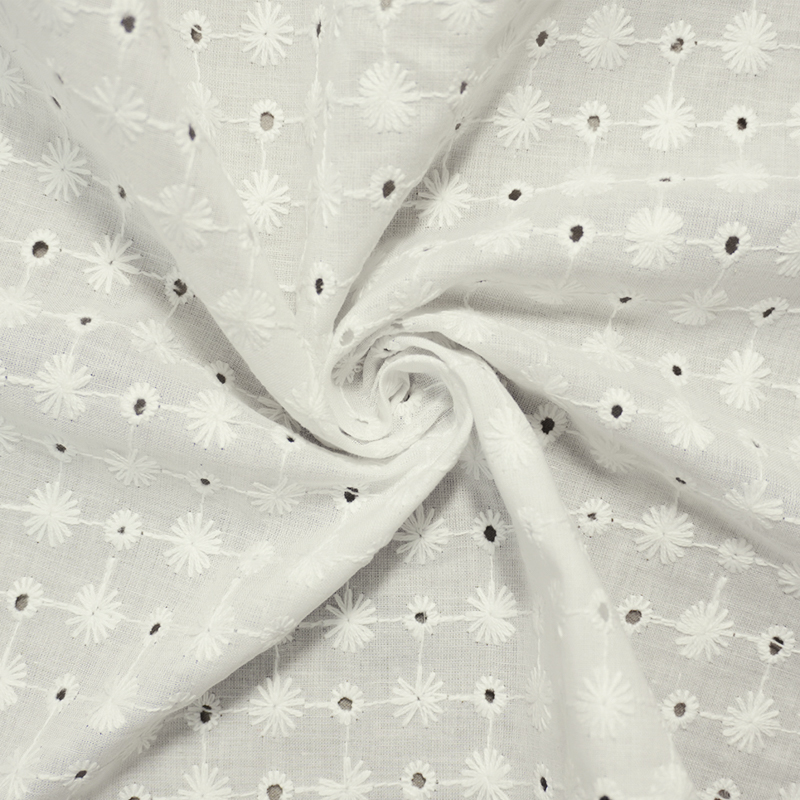 White Cotton Floral Embroidered Eyelet Voile Woven Fabric