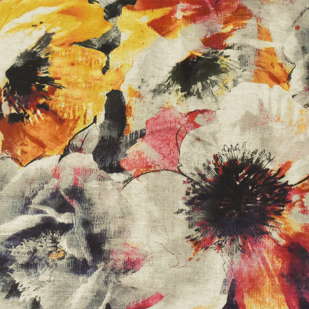 Red-Beige-Multi Floral Printed Linen Cross-Hatch Home Decorating Fabric